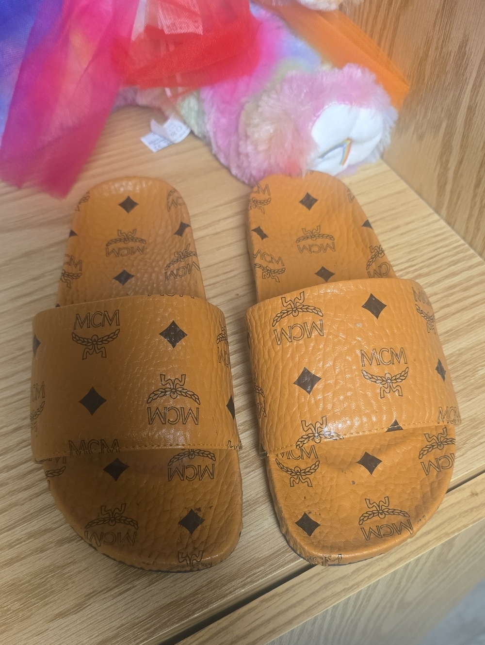 MCM Cognac Logo Slide Sandals - Tan Brown